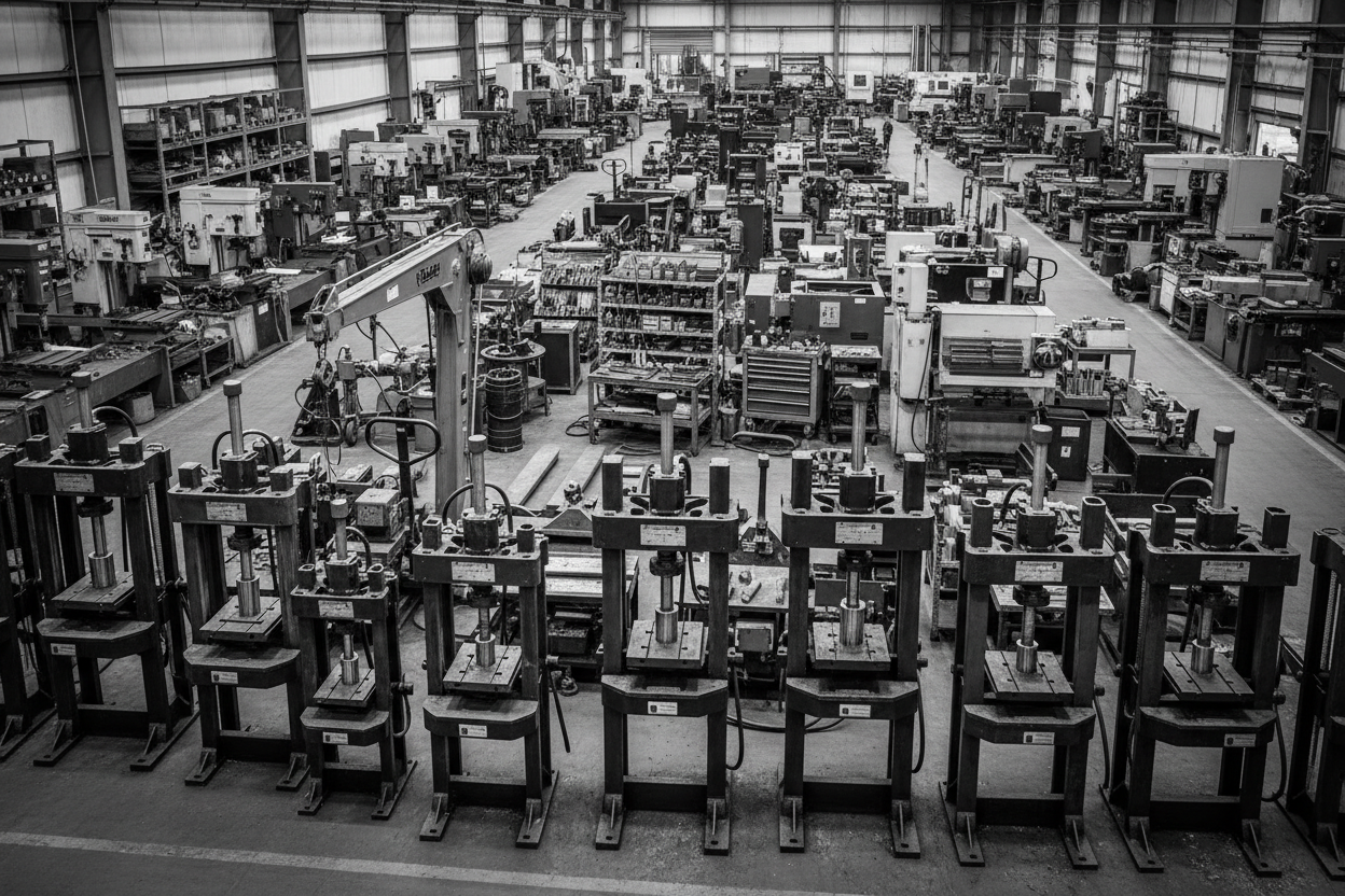 Manual Hydraulic press inventory black and white show many different types of machine equipment make it a background type picture